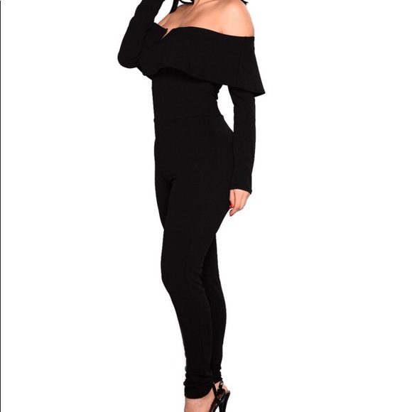 Ruffle Off Shoulder Black Jumpsuit - Picture 3 of 7